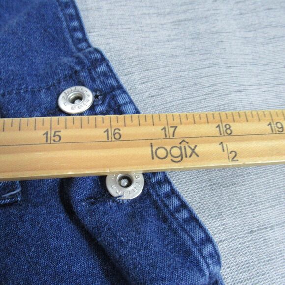 VTG Xhilaration Jean Overall Shorts Shortalls Women 11 Blue Denim Back Patch Y2K - Picture 6 of 12